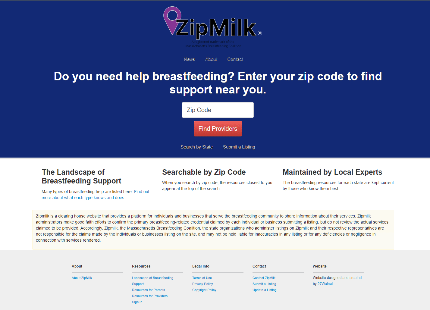 Screenshot of the ZipMilk website before.